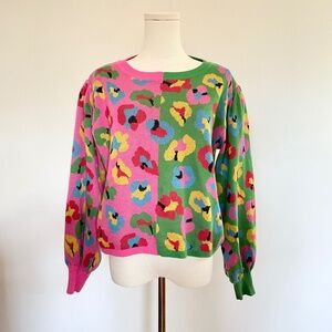 Farm Rio Colorful Leopard Sweater Women Large Knit Artsy Bold Maximalist Spring